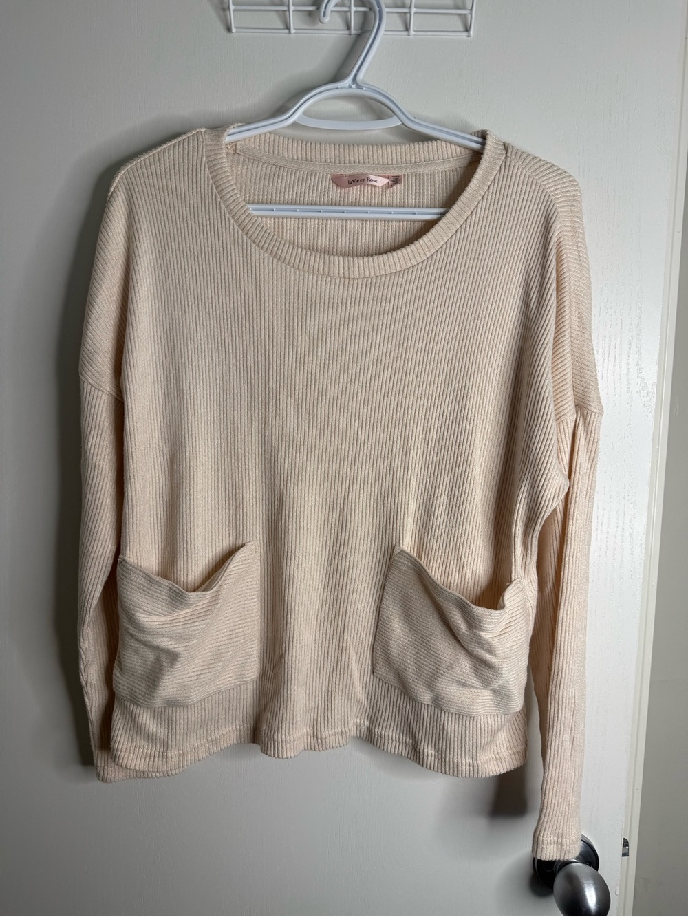 La Vie en Rose Cream Ribbed Pocket Sweater - Women